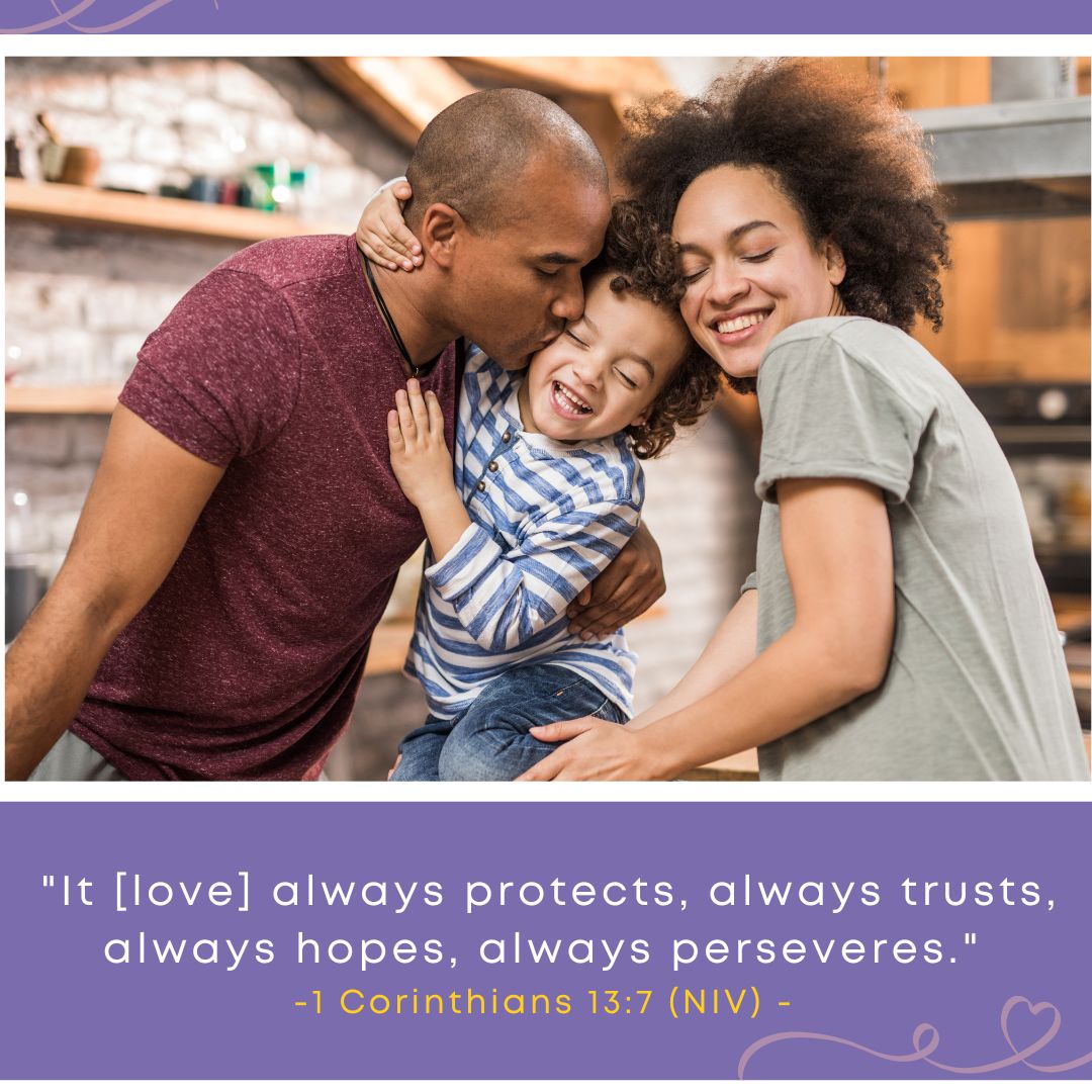 A joyful family embraces their young adopted child, illustrating the warmth of Jesus’ love, with a Bible verse from 1 Corinthians 13:7 about love’s enduring nature.