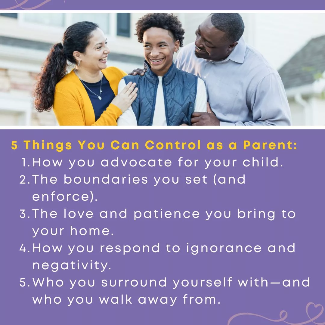 Smiling parents stand beside their teenage son, showing healthy connection and balance while discussing ways a controlling parent can focus on positive influence. Text lists “5 Things You Can Control as a Parent.”