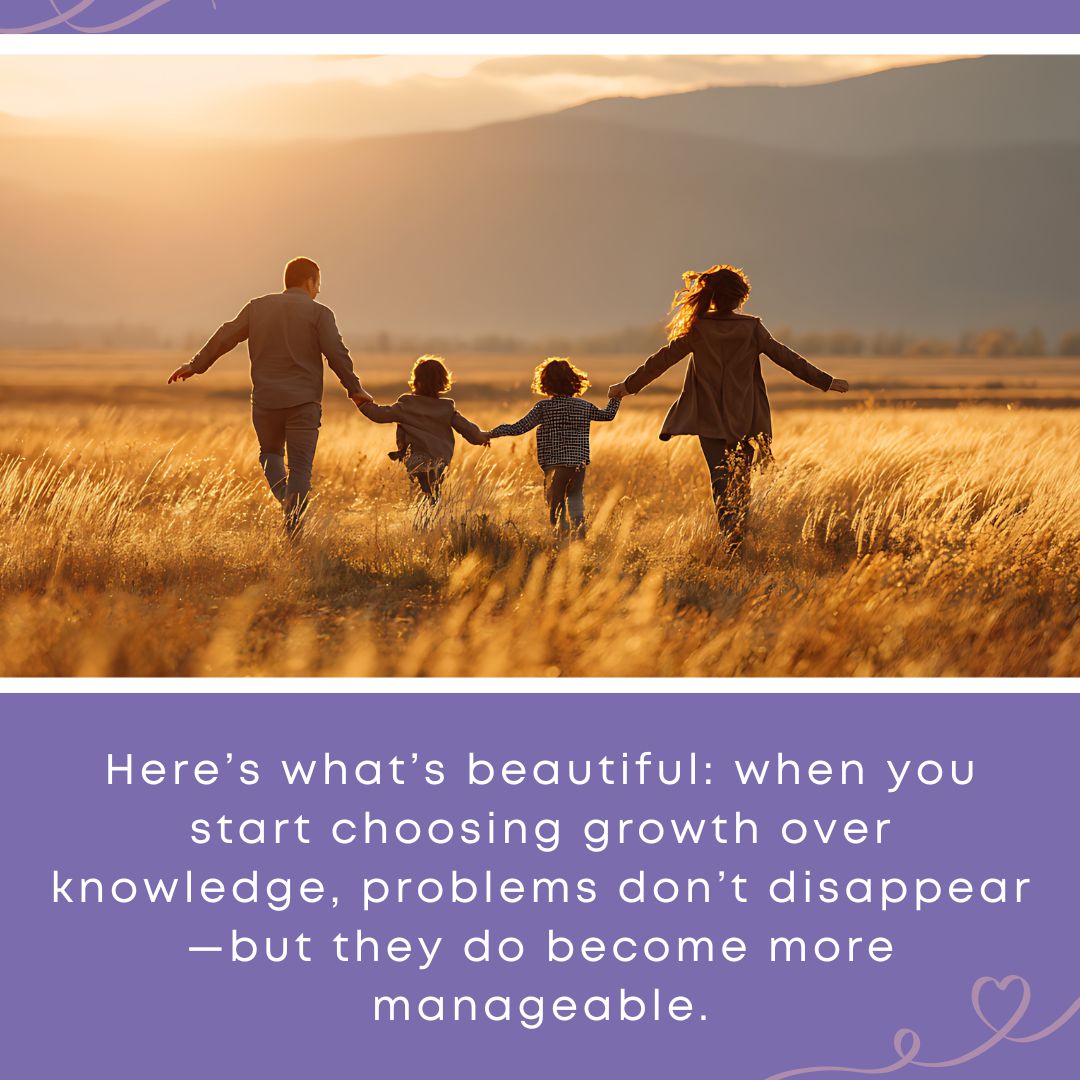 A family of four walks hand in hand through a sunlit field at sunset, symbolizing connection and a growth mindset in parenting.