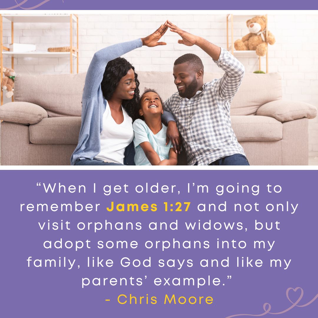And adopted child sits on the floor between their new mother and father, who are making the symbol of a house over their heads with their arms. The text highlights National Adoption Month and the importance of permanency for children in foster care.
