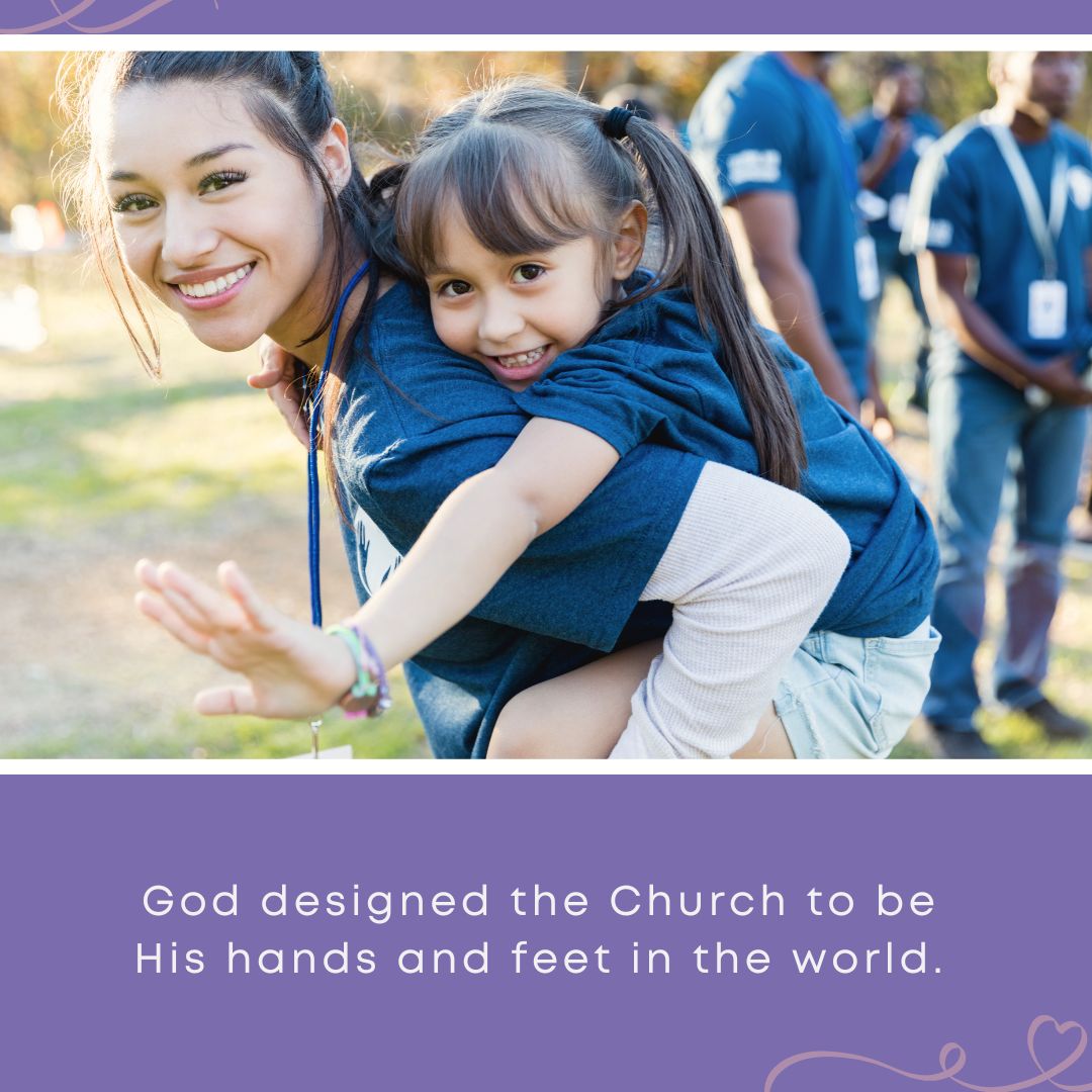 Graphic of a Church volunteer giving a child a piggyback ride with a quote on the Church's calling to serve, and how CarePortal can help.