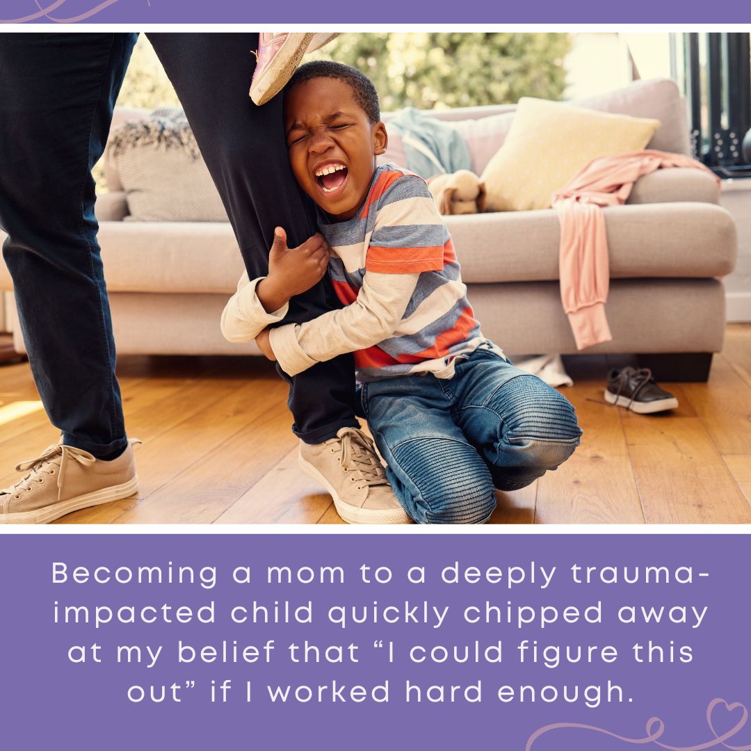 A young child clings tightly to a caregiver’s leg while crying, illustrating a challenging emotional moment that calls for a growth mindset in parenting.