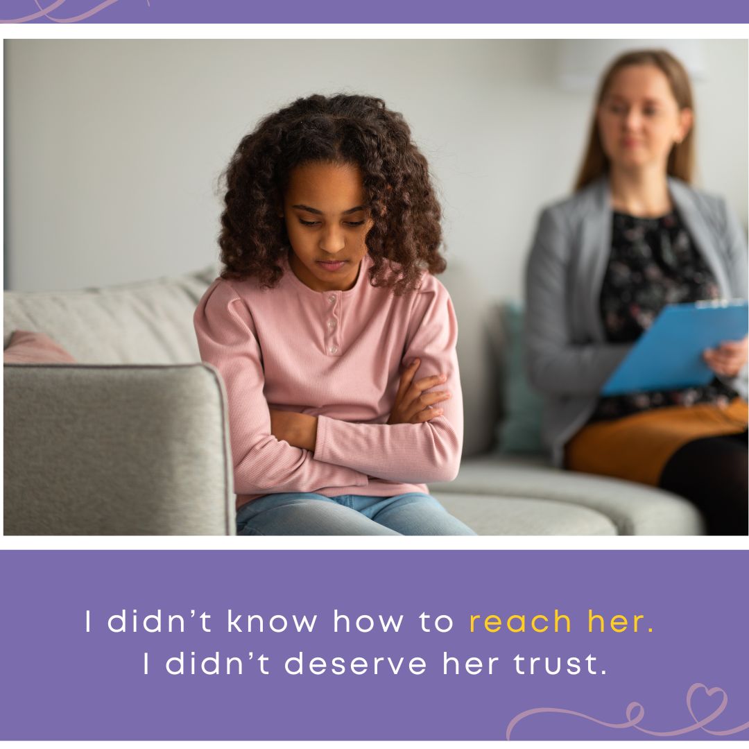 A young girl sits with arms crossed, looking down in distress during a counseling session, representing the emotional barriers created by food trauma.