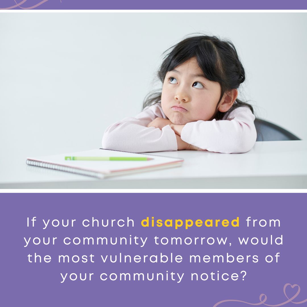 A young girl sitting at a desk with a thoughtful expression, paired with text about the importance of serving others through the church.