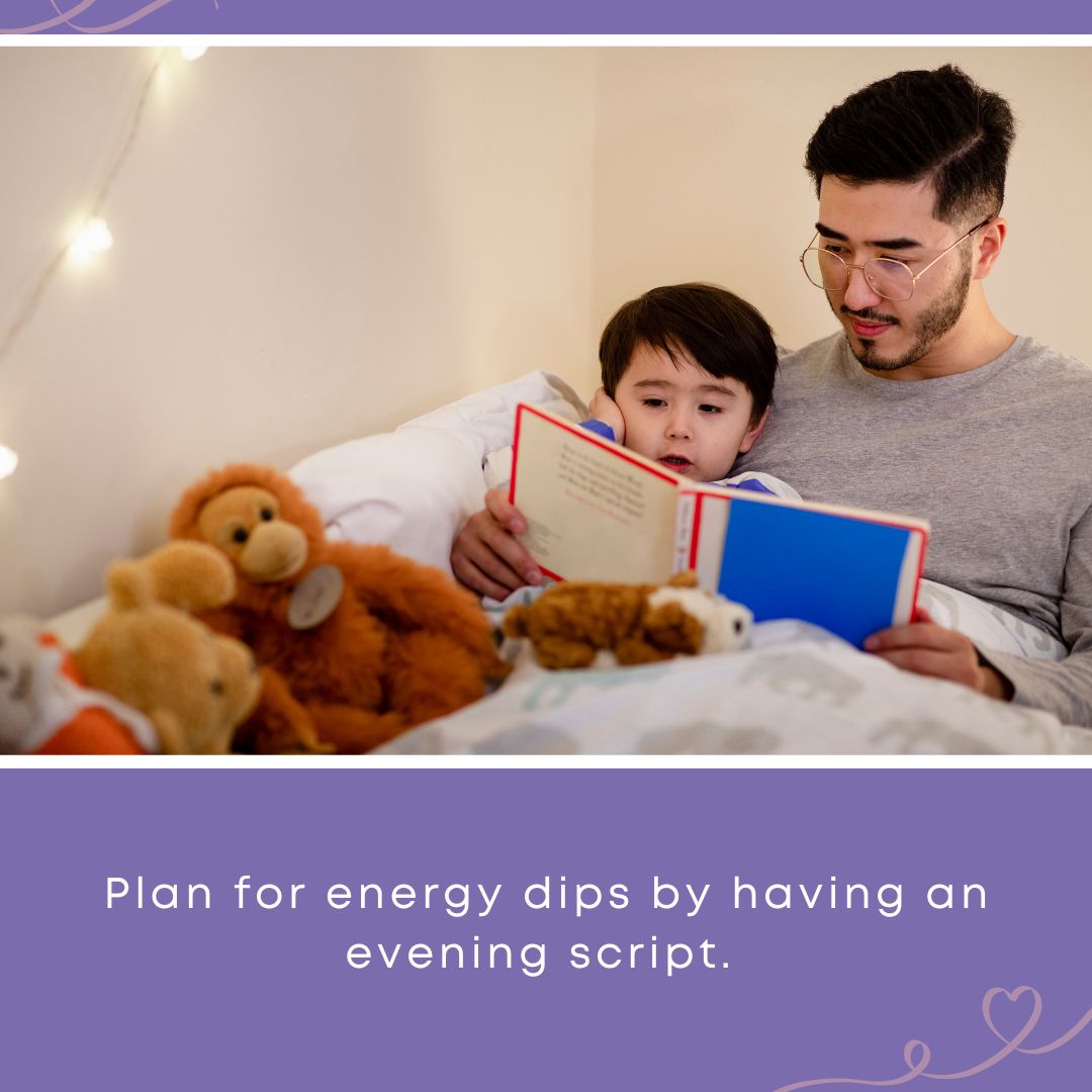 A father and young son reading a bedtime story together surrounded by stuffed animals, illustrating the summertime expectation-managing tip 'Plan for energy dips by having an evening script.'