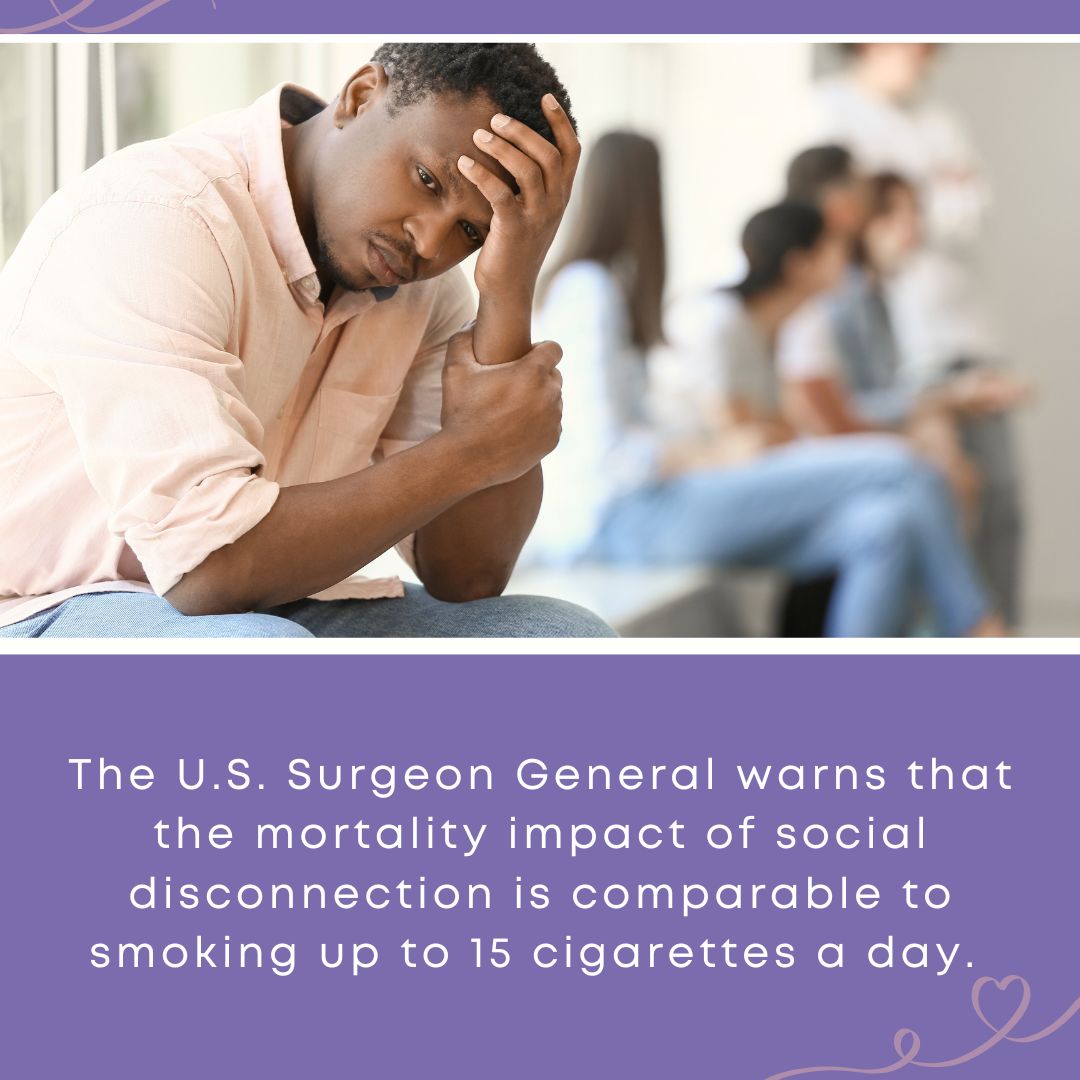 Graphic of a distressed man alone with a quote on the health risks of social disconnection, and how CarePortal can be helpful.