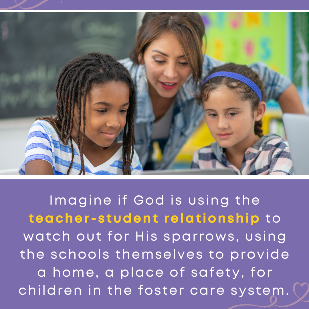 A teacher leans in warmly to guide two young students at a laptop, illustrating how can teachers help students, including a child in foster care, feel supported and seen.