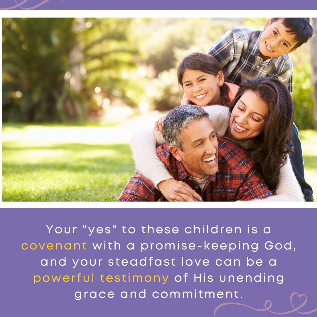 A joyful family piles on the grass in a loving embrace, symbolizing the bond formed through adopting a child and the reflection of Jesus’ love.