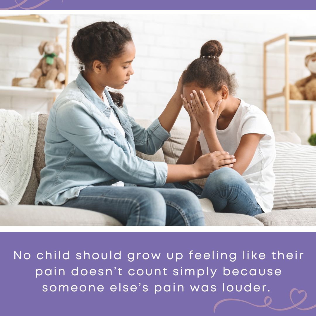 A parentl comforts a younger girl who is crying with her face in her hands, representing the emotional struggle of glass siblings.
