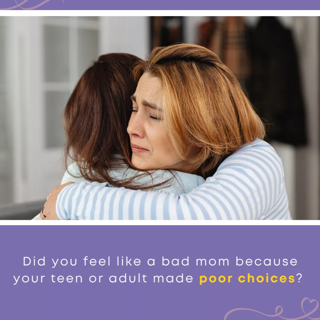 A mother tearfully hugs another woman, reflecting the guilt and emotional challenges of parenting trauma-impacted adult children after they make poor choices.