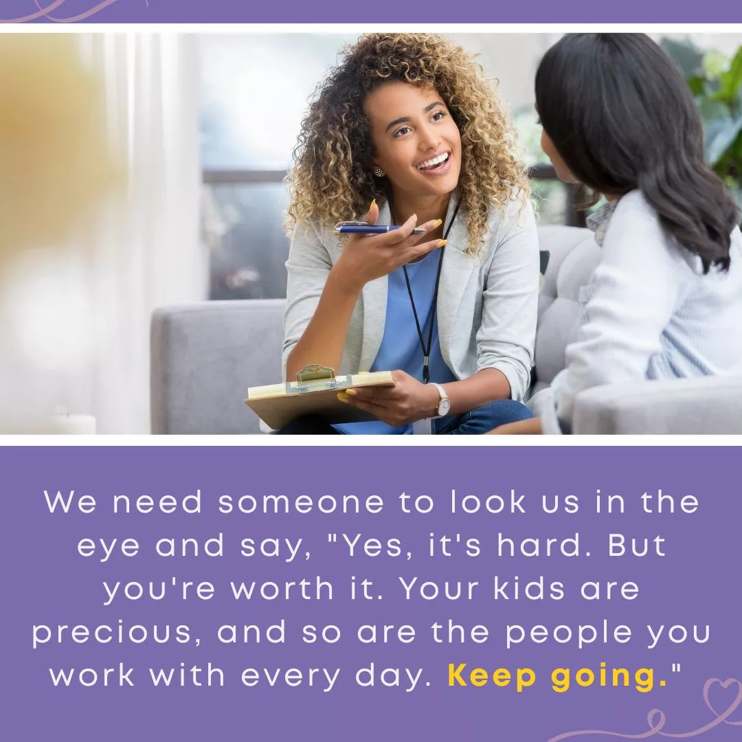 A caring professional speaks warmly with another woman while holding a clipboard, alongside text offering encouragement and reminding TBRI practitioners that Hope for the Journey can be a powerful method of encouragement.