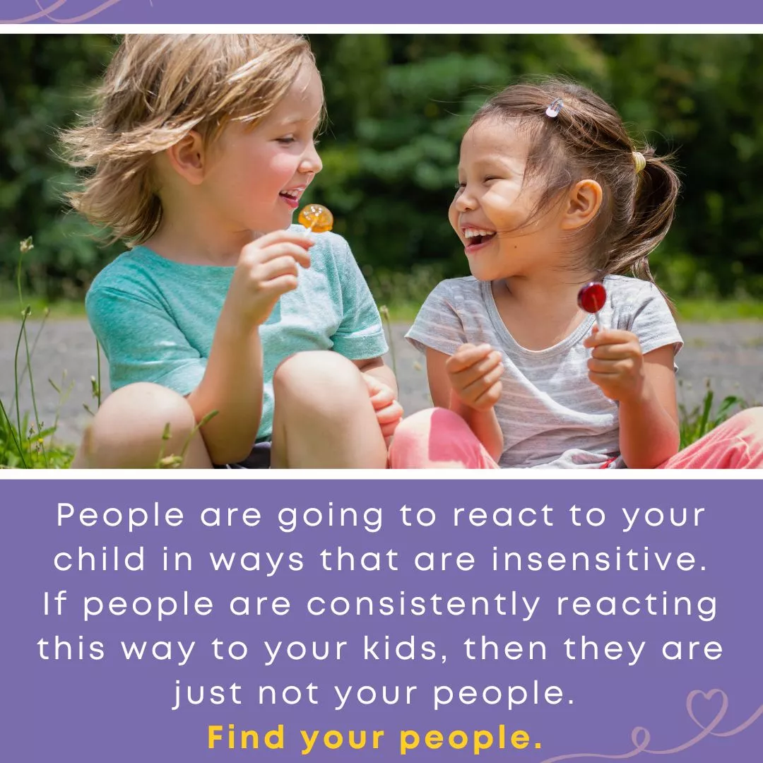 Two children laugh together while holding lollipops, representing freedom and joy apart from the influence of a controlling parent. Text below encourages parents to “Find your people.”