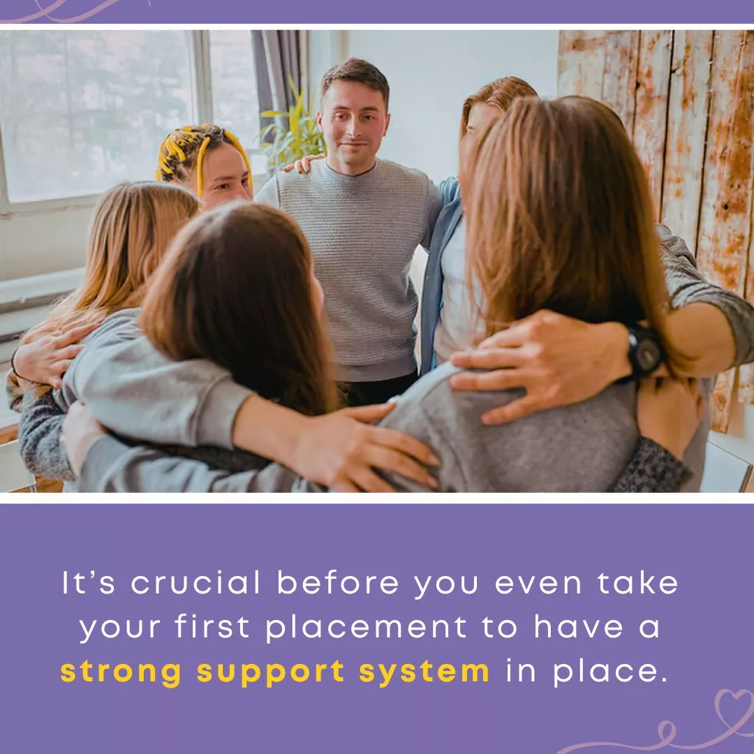 A small group of adults stand in a supportive group hug, illustrating encouragement for foster families and the importance of a strong support system.
