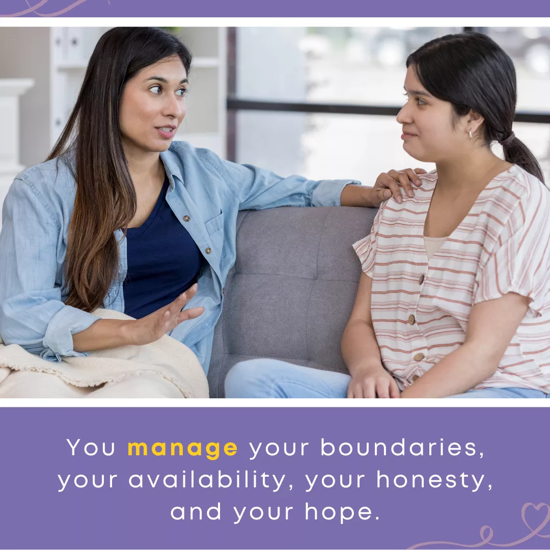 A woman offers compassionate support to another woman, with a message about managing boundaries, availability, honesty, and hope when parenting trauma-impacted adult children.
