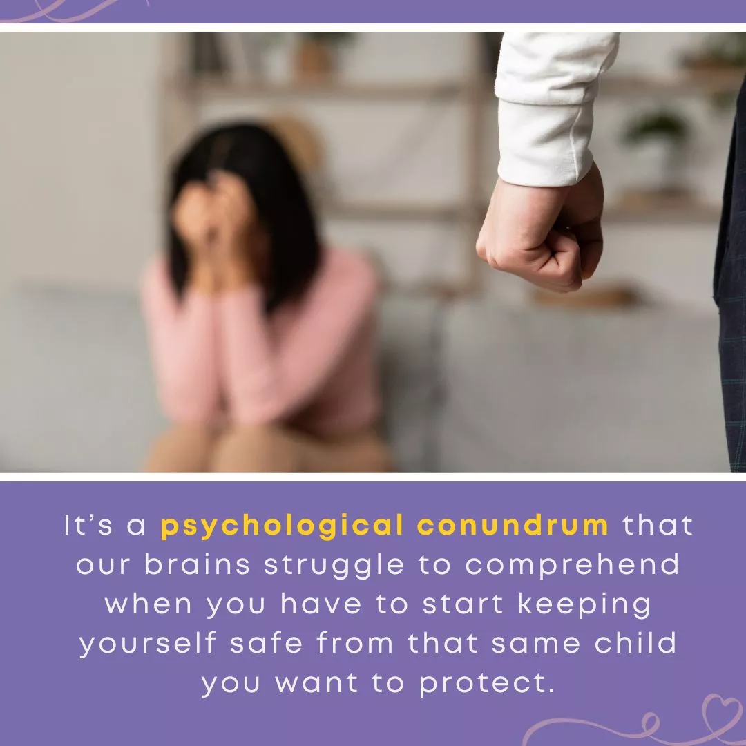 Clenched fist in foreground with distressed woman in background, depicting physical threat and parental abuse requiring urgent boundaries with adult children