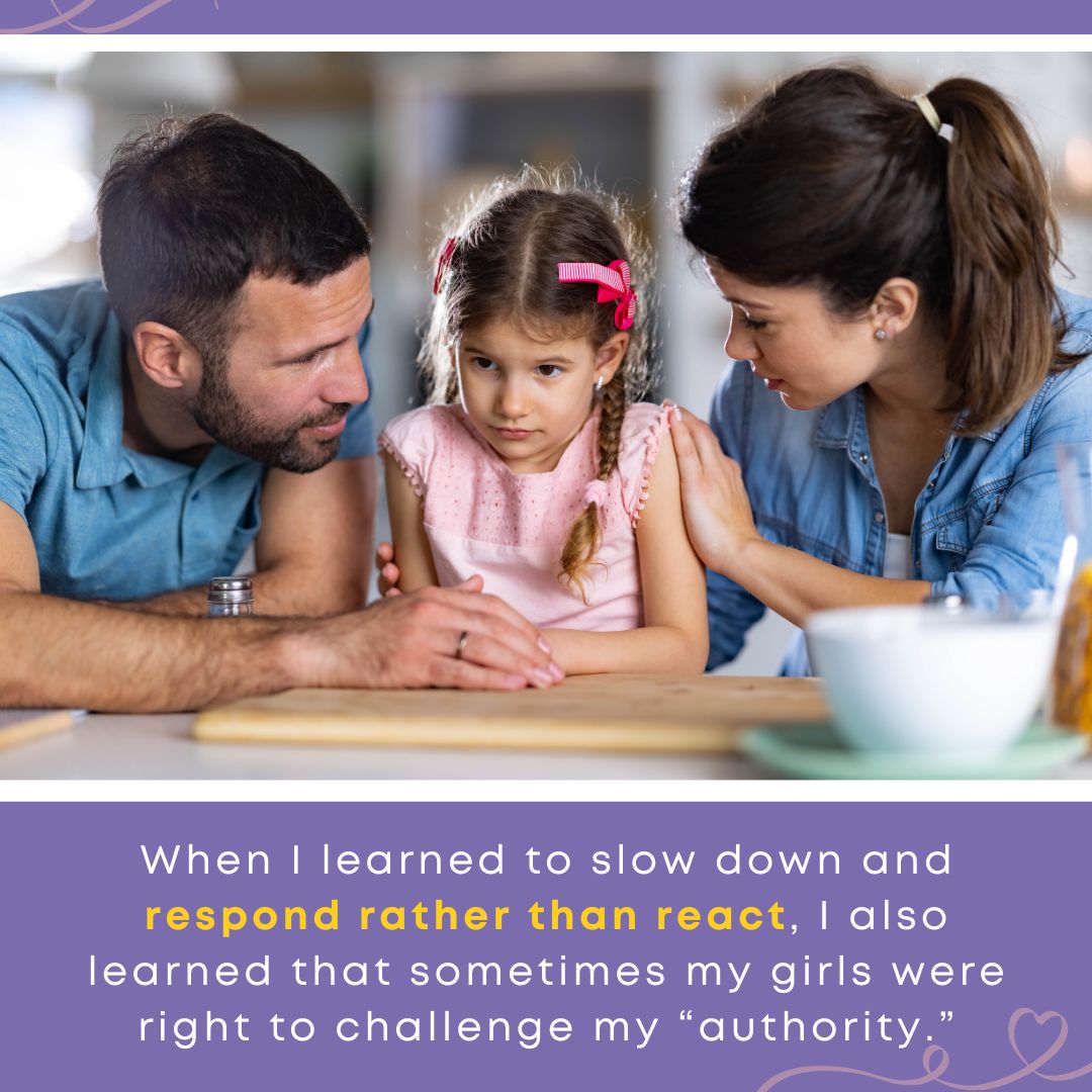 Parents showing self-control while gently talking with their upset daughter.
