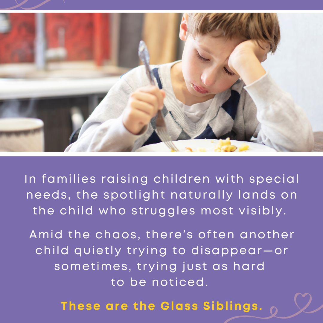 A sad young boy rests his head on his hand while sitting at a table with food, illustrating the quiet emotional struggle often experienced by glass siblings.