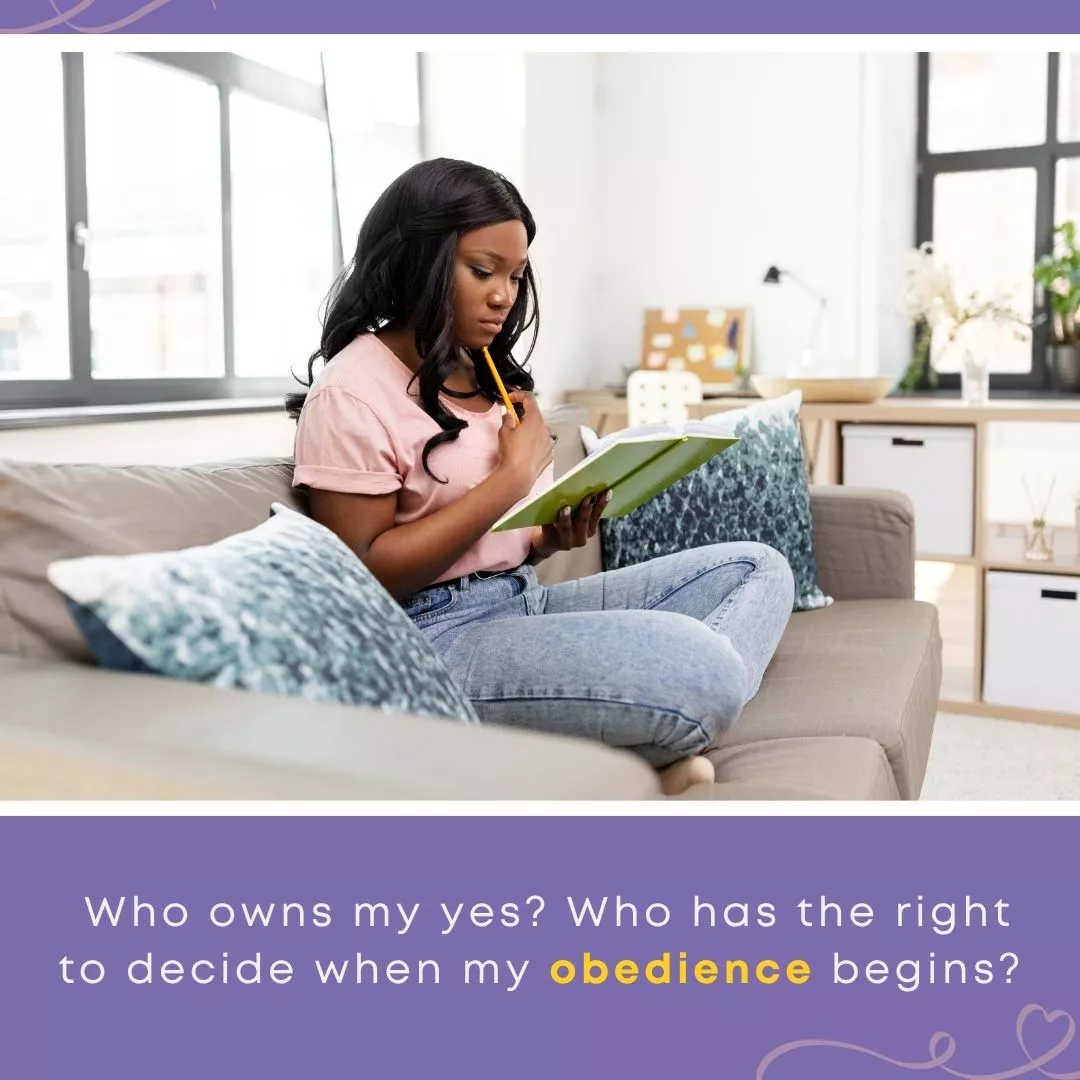 Woman journaling thoughtfully on a couch, paired with the question 'Who owns my yes?' — reflecting on obedience, timing, and the 'not yet' many face before saying yes to foster care.
